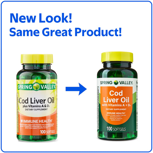 Spring Valley Cod Liver Oil Plus Vitamins A & D3 Dietary Supplement, 100 Count