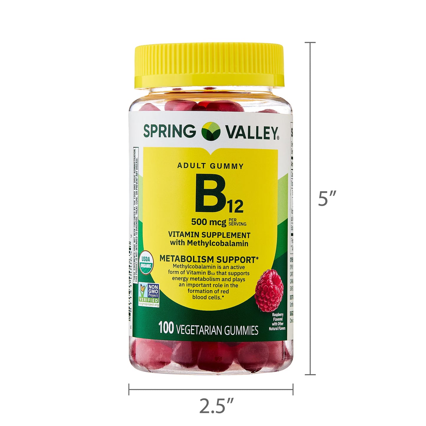 (4 pack) Spring Valley Vitamin B12 Supplement Vegetarian Gummies for Metabolism Support, Raspberry Flavor, 500 mcg, 100 Count