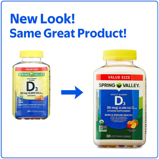 Spring Valley Vitamin D3 Gummies, 50 mcg, 300 Count, Assorted Fruits, Supplement Vegetarian Gummies for Bone and Immune Health