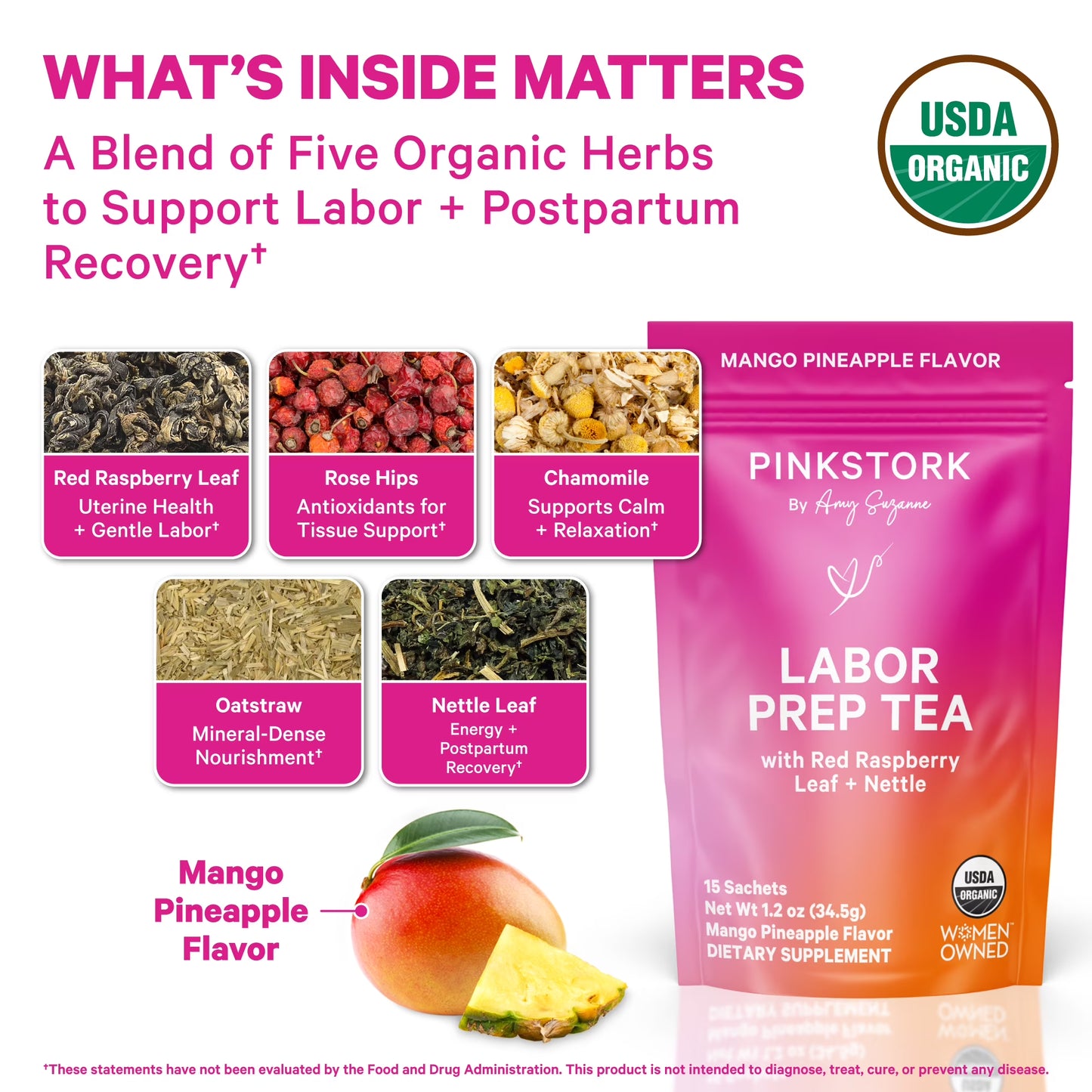 Pink Stork Organic Red Raspberry Leaf Tea - Mango Pineapple, 15 Sachets