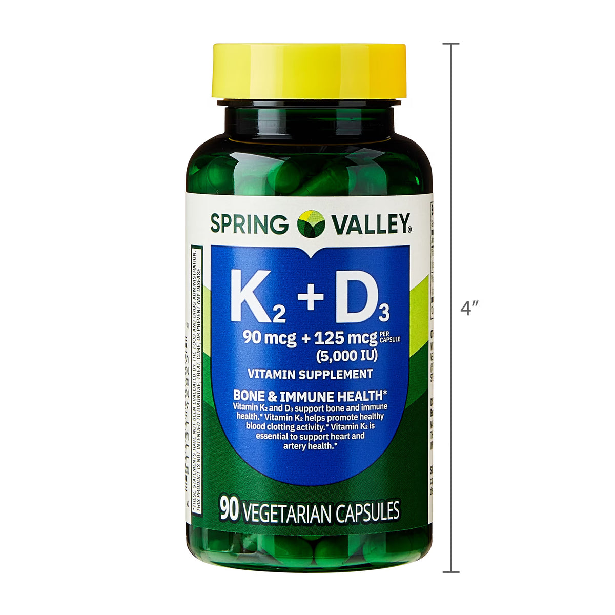 Spring Valley Vitamin K2 90 Mcg + D3 125 Mcg Vegetarian Capsules, 90 Count