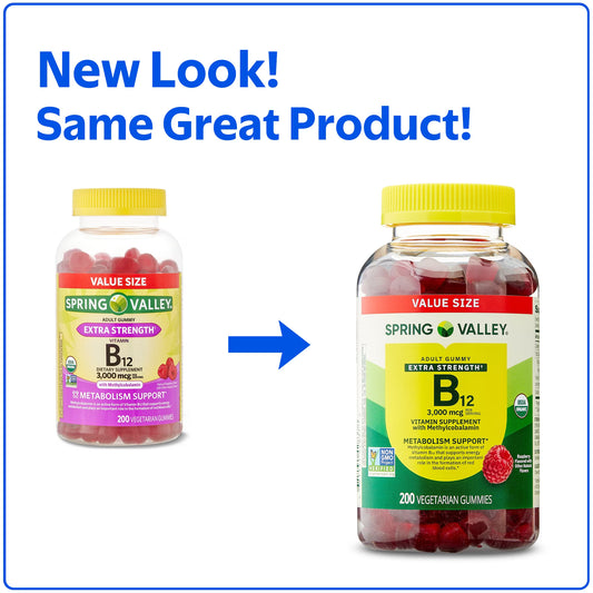 Spring Valley Extra Strength Vitamin B12 Supplement, Raspberry Flavor, 3000 mcg, 200 Count, Vegetarian Gummies for Metabolism Support