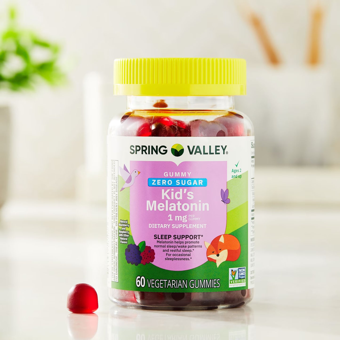 Spring Valley Zero Sugar Kids Melatonin Sleep Support Dietary Supplement Gummies, Blackberry and Raspberry, 1 mg, 60 Count