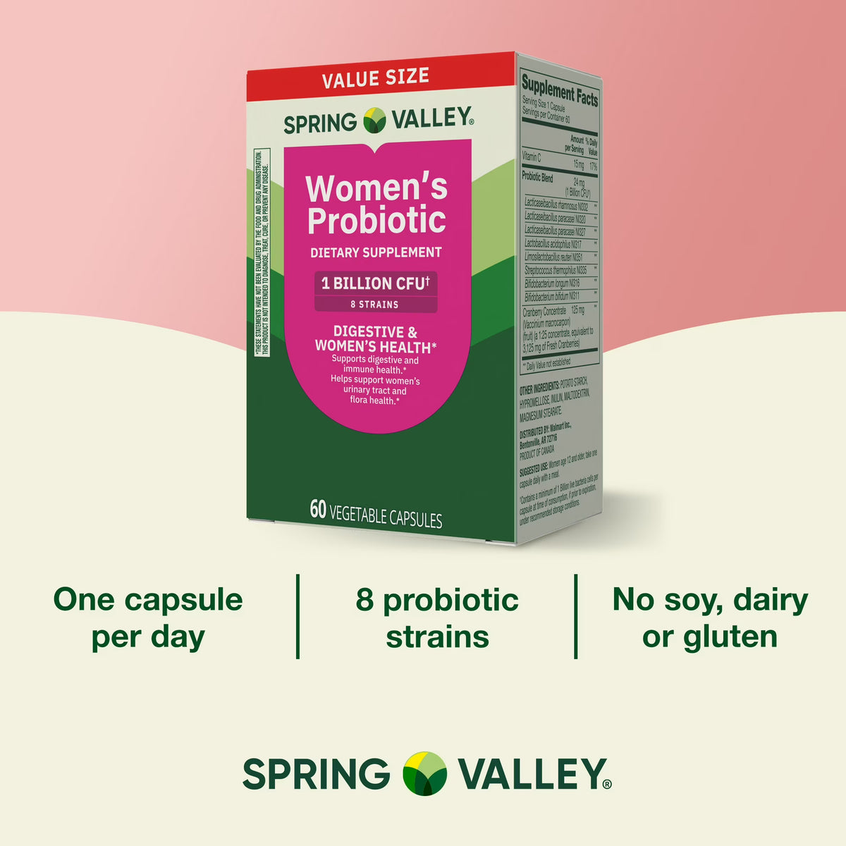 Spring Valley Women's Probiotic Dietary Supplement Vegetarian Capsules for Digestive Health, Cranberry, 60 Count Value Size