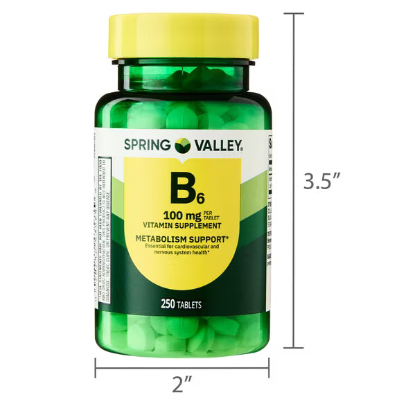 Spring Valley Vitamin B6 Supplement, 100 mg, 250 Count, Tablets for Metabolism Support