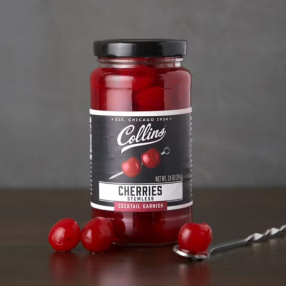 Collins Stemless Maraschino Cherries | Popular Garnish for Cocktail Drinks, Desserts, Martinis, Manhattan, Old Fashioned, 10oz