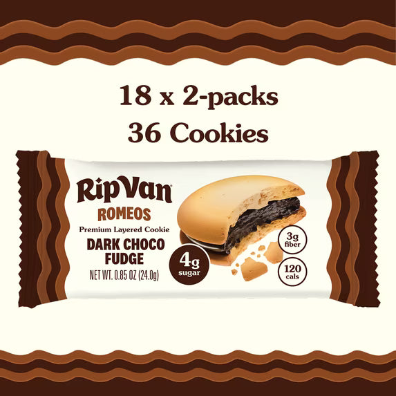 Rip Van Keto Dark Chocolate Fudge Cookies, Low Sugar, Healthy Snack, 2 Packs (18 Count)