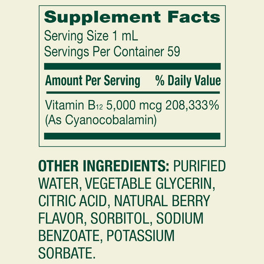 Spring Valley Extra Strength Vitamin B12 Supplement, 5000 mcg, Berry, 2 fl oz, Fast Acting Liquid for Metabolism Support