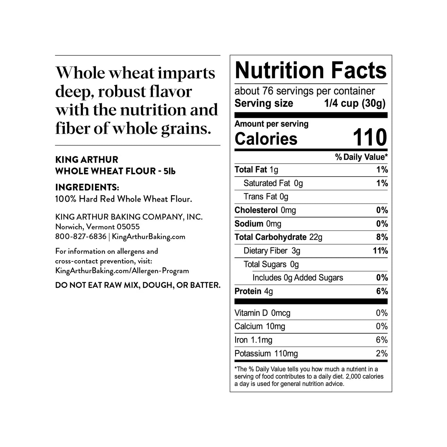 (8 pack) King Arthur Baking Company Non-GMO Project Verified, Certified Kosher 100% Whole Grain Whole Wheat Flour, 5 lb Bag