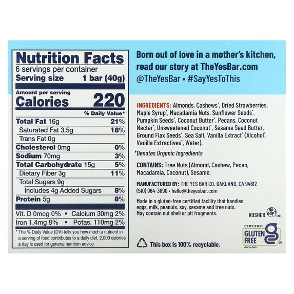 YES Bar – Strawberry Coconut – Plant Based Protein, Decadent Snack Bar – Vegan, Paleo, Gluten Free, Dairy Free, Low Sugar, Healthy Snack, Breakfast, Low Carb, Keto Friendly (Pack of 6)