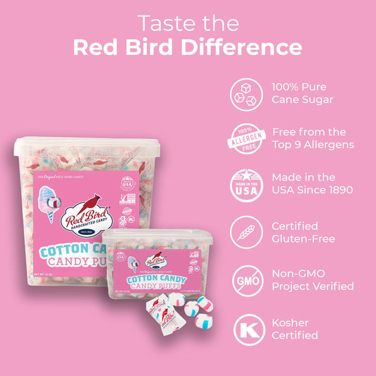 Red Bird Individually Wrapped Cotton Candy Puffs, Gluten Free, Kosher, Non-GMO, 52 oz Tub