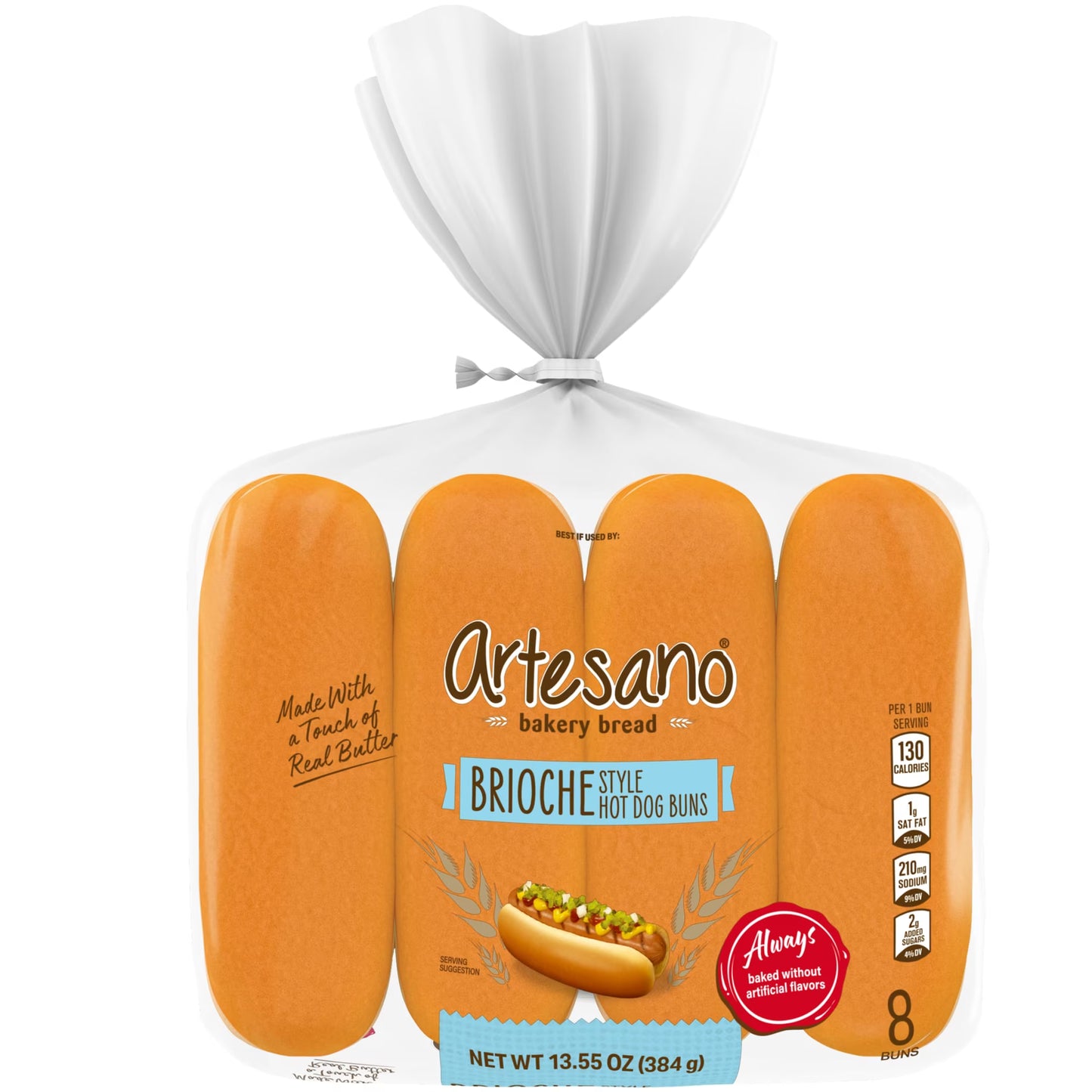 Artesano Brioche Hot Dog Buns, 8 count, Hot Dog Buns, 13.55 oz Bag