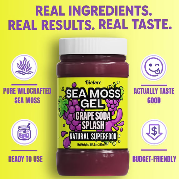 Biolore Grape Splash Sea Moss Gel, 8 oz – No Added Sugar, Vegan, Ready-to-Use Wildcrafted Sea Moss Gel with Monk Fruit, Smoothie & Food Add-In