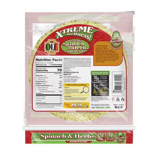 Ole Mexican Foods Xtreme Wellness High Fiber Spinach & Herbs Soft Taco Tortilla Wraps, 12.7 oz, 8 Count
