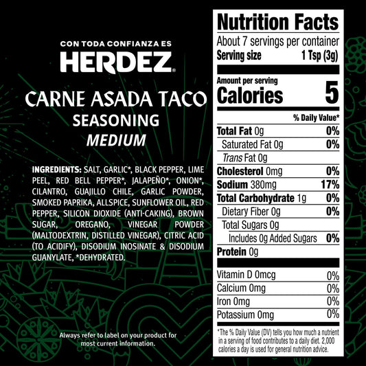 HERDEZ Carne Asado Taco Seasoning Medium, Taco Seasoning with Chile & Garlic, 0.78oz Packet
