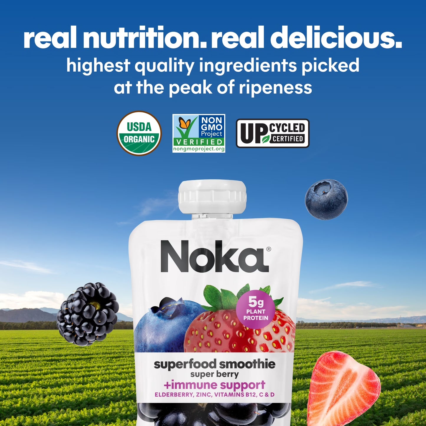 Noka Organic Superfood Smoothie Pouches, Plant Protein, Super Berry, 4.22oz, 4 Pack