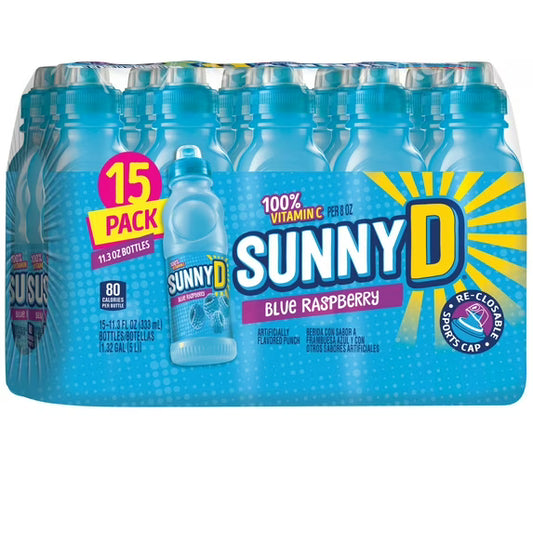 SUNNYD Blue Raspberry Shelf Stable Juice Drink, 15 Count, 11.3 fl oz Bottles