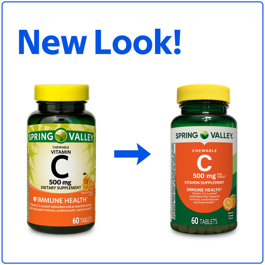 (3 pack) Spring Valley Vitamin C Dietary Supplement, Orange Flavor, 500 mg, 60 Count, Chewable Tablets