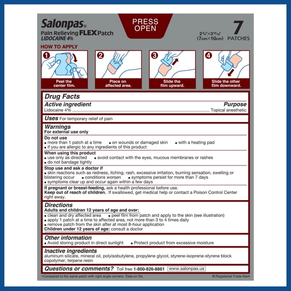 Salonpas Pain Relieving FLEX Patch Lidocaine 4%, 7 Count (Pack of 1)