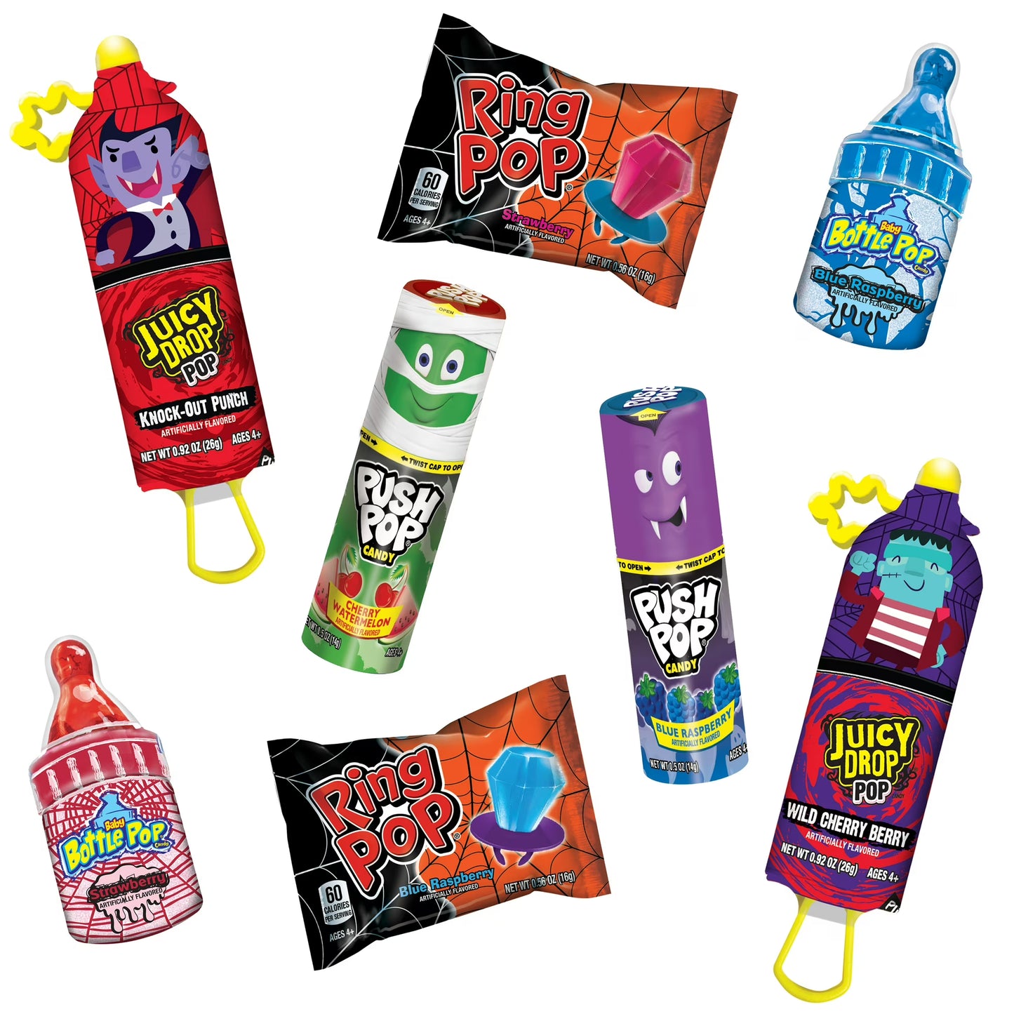 Halloween Ring Pops, Juicy Drop, Baby Bottle, Push, Assorted Flavor Lollipops, Variety Pack, 12.4 oz, 18 Count Box