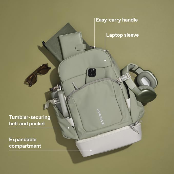 STANLEY Vitalize Backpack | Gym, Work & Travel Bag with Laptop Sleeve | Expandable Bottom Compartment | Tumbler & Water Bottle Pockets | Durable Recycled Fabric | Sage Grey