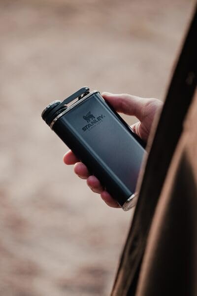 Stanley Classic Easy Fill Wide Mouth Flask 8 oz | Leakproof Hip Flask | Hinge Connected Never Lose Cap | Insulated Stainless Steel Liquor Container | BPA-Free | Hammertone Black