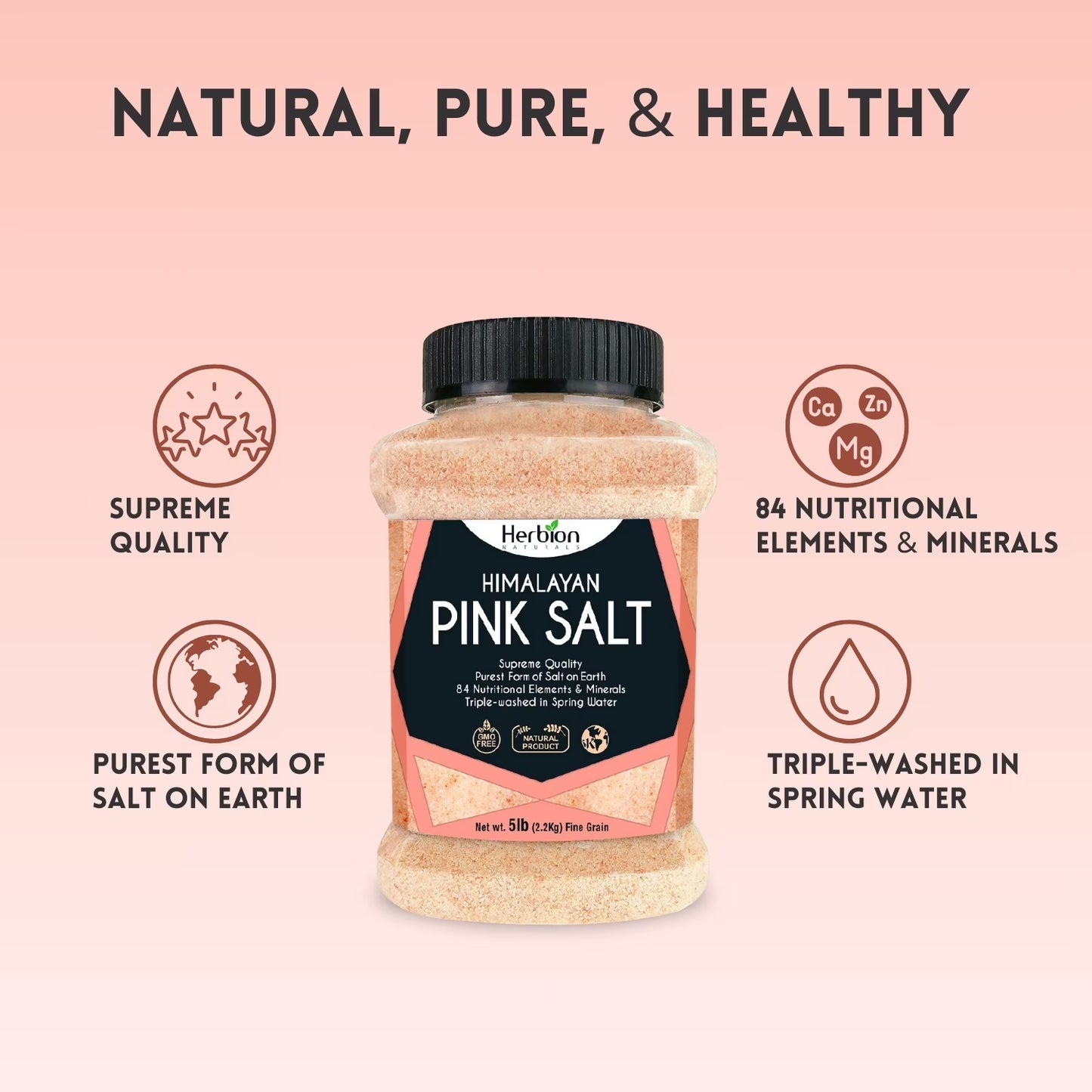 Herbion Himalayan Pink Salt, Fine Grain, 5 lb (2.2 Kg) Jar, All-Natural, Vegan, Kosher Certified, Triple-Washed
