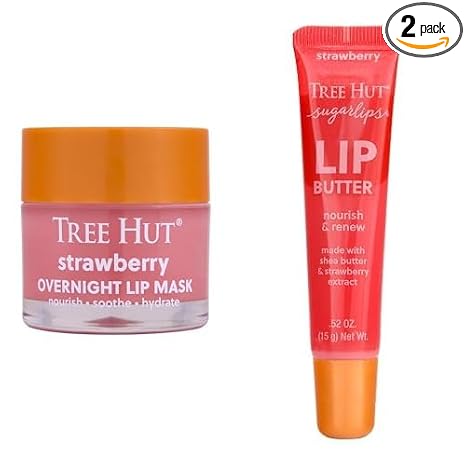 Tree Hut Strawberry Lip Care Bundle, Sugarlips Lip Butter & Overnight Lip Mask, Hydrate & Nourish Dry, Chapped Lips, Non-Sticky, Paraben-Free & Sulfate-Free