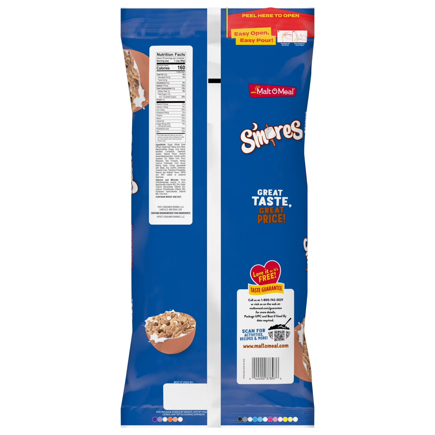 Malt-O-Meal S'mores Breakfast Cereal, Graham, Chocolate & Marshmallow, 47 oz Bag