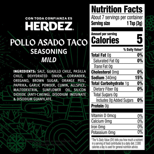 HERDEZ Pollo Asado Taco Seasoning Mild, Taco Seasoning with Mild Chiles & Spices, 0.78oz Packet