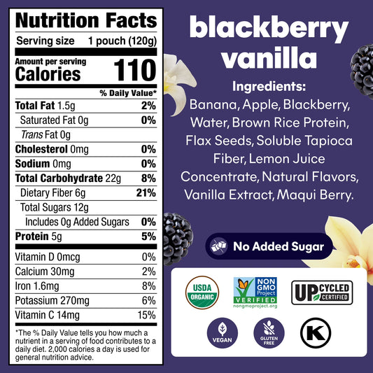 Noka Organic Superfood Smoothie Pouches, Plant Protein, Blackberry Vanilla, 4.22oz, 4 Pack