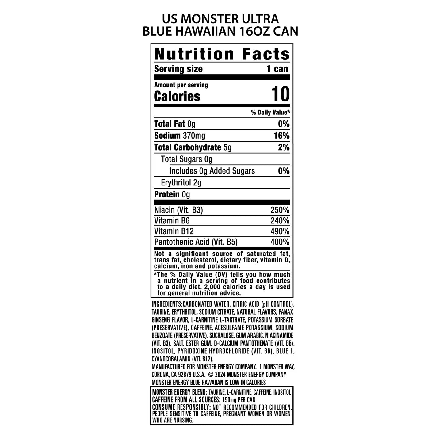 Monster Energy Ultra, Blue Hawaiian, Sugar Free Energy Drink, 16 Fl Oz