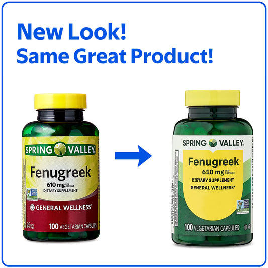 Spring Valley Fenugreek Dietary Supplement Vegetarian Capsules for General Wellness, 610 mg, 100 Count