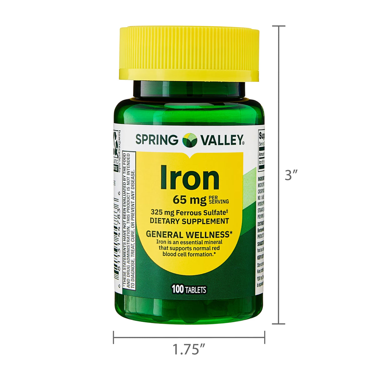 Spring Valley Iron General Health & Wellness Dietary Supplement Tablets, 65 mg, 100 Count