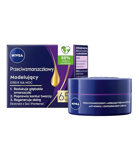 NIVEA Anti-Wrinkle + Contouring Night Cream for Mature Skin 65+, 50 ml – Intensive Overnight Hydration, Smoothing and Revitalizing Facial Moisturizer with Soy Extract, Jojoba Oil and Panthenol