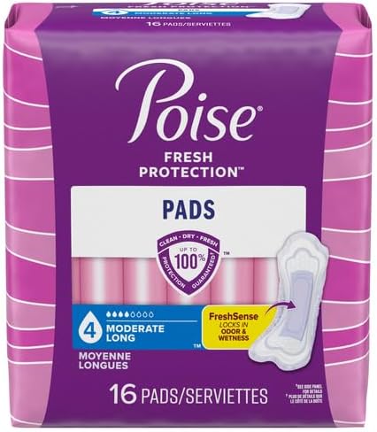 Poise Incontinence Pads & Postpartum Incontinence Pads, 4 Drop Moderate Absorbency, Long Length, 16 Count, Packaging (Pack of 4)