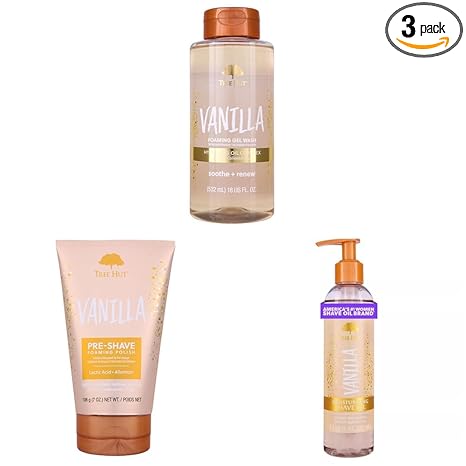 Tree Hut Vanilla Bath & Shave Bundle with Foaming Gel Body Wash, Pre-Shave Exfoliating Polish & Hydrating Shave Oil; Shea Butter Formula for Soft, Smooth, Nourished Skin