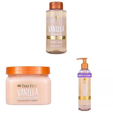 Tree Hut Vanilla Body Care & Shave Prep Set, Foaming Body Wash + Exfoliating Body Scrub + Hydrating Shave Oil, 3-Piece Routine