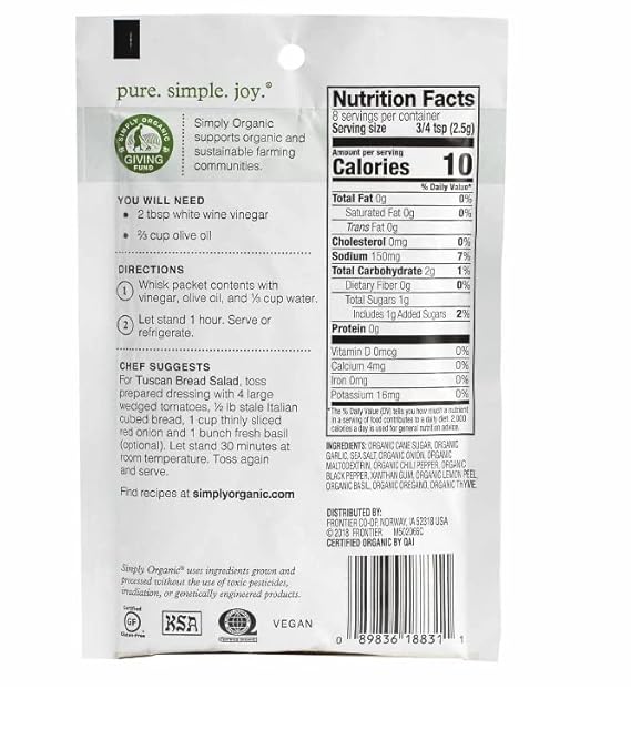Simply Organic Italian Dressing Mix, 0.7 oz. 12-Pack, Basil, Thyme & Oregano Italian Salad Dressing Certified Organic