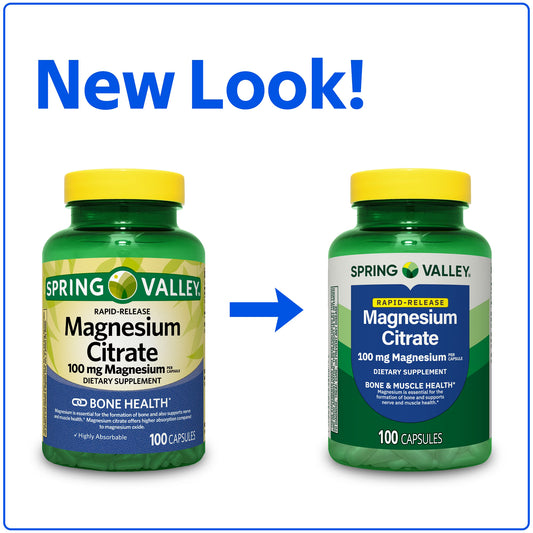 Spring Valley Rapid-Release Magnesium Citrate Bone Health Dietary Supplement Capsules, 100 mg, 100 Count
