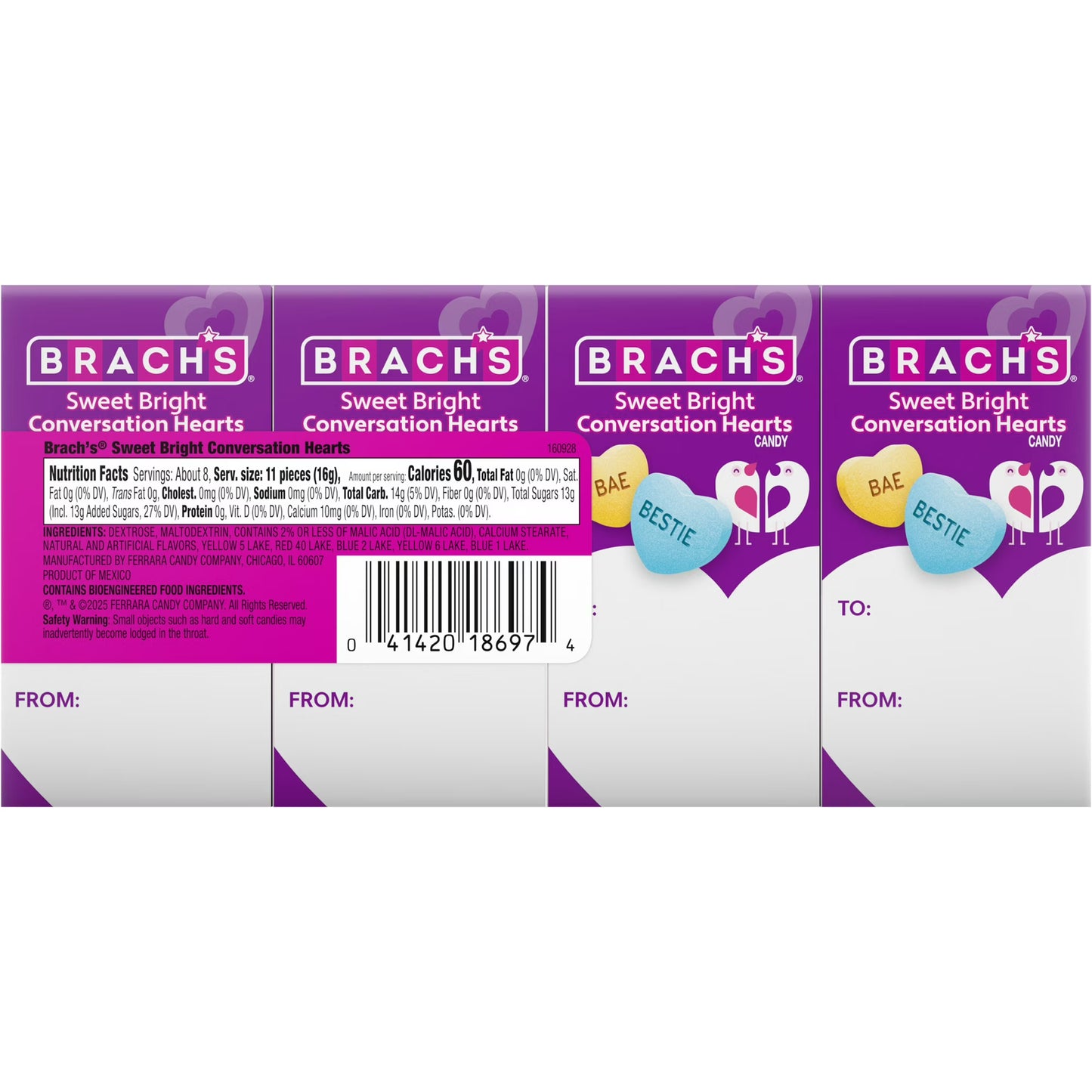 Brach's Valentines Day Candy Sweet Bright Conversation Hearts, Hard Candy, 1.1 oz Box, 4 Count