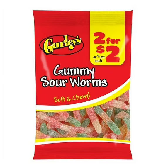 Gurley's Sour Gummi Worms, Dual-Flavored, Chewy Treats (Pack of 12)