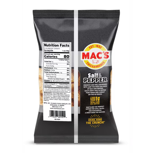 Mac's Salt and Pepper Chicharrones Pork Rinds, Pork Skins, 4 oz Bag