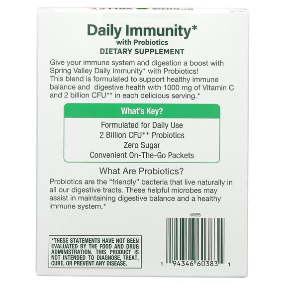 Spring Valley Zero Sugar Daily Immunity with Probiotics Dietary Supplement Powder for Immune and Digestive Support, 0.05 oz Sticks, 30 Count
