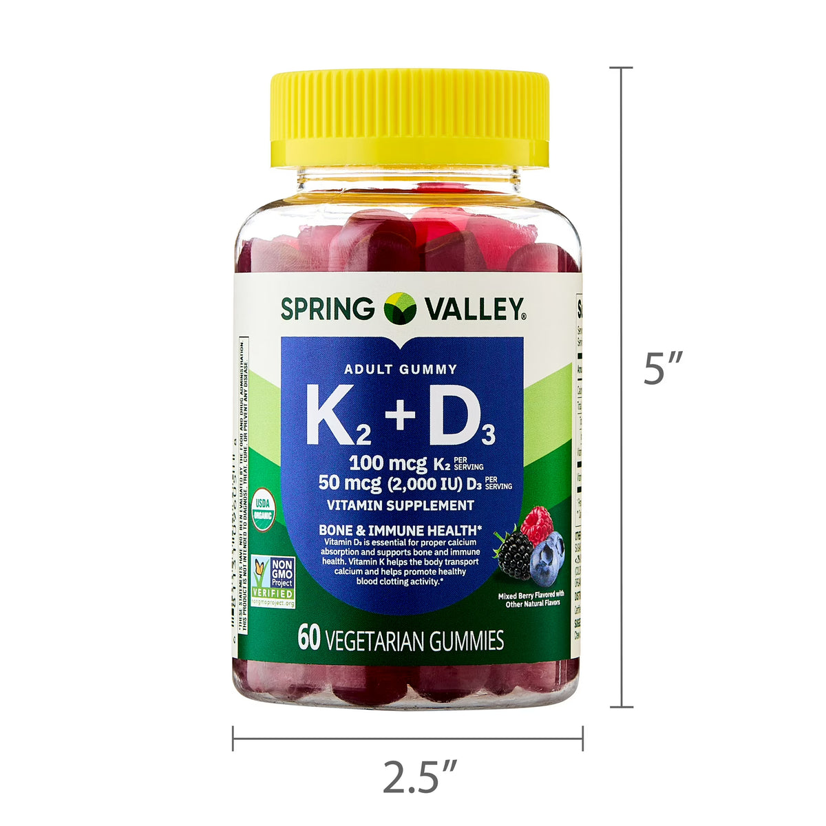Spring Valley Vitamin K2 + Vitamin D3 Gummies, Mixed Berry, 60 Count, Supplement for Bone and Immune Health