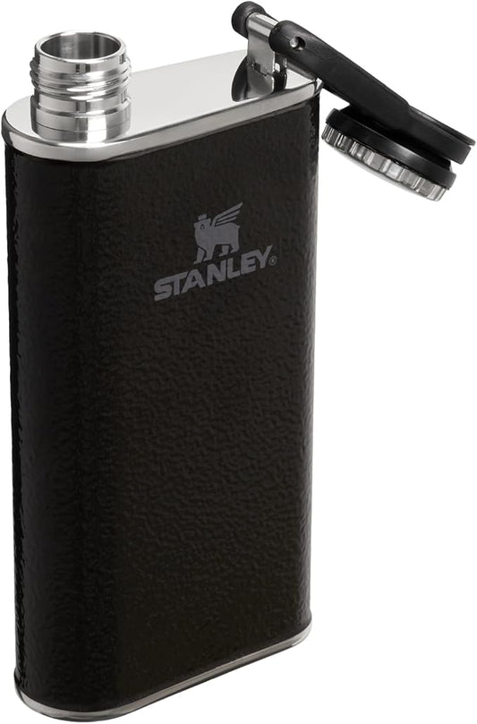 Stanley Classic Easy Fill Wide Mouth Flask 8 oz | Leakproof Hip Flask | Hinge Connected Never Lose Cap | Insulated Stainless Steel Liquor Container | BPA-Free | Hammertone Black
