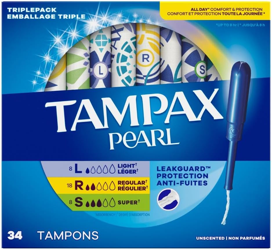 Tampax Pearl Tampons Multipack, with LeakGuard Braid, Light/Regular/Super Absorbency, Up to 100% Leak and Odor Free Protection, Unscented, 34 Count