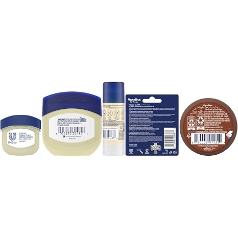 Vaseline Cocoa Butter Lovers Travel Essentials Set – Cocoa Butter Infused Petroleum Jelly, Shimmer Jelly Stick, Glow Body Cream, Lip Therapy Stick & Mini Jar