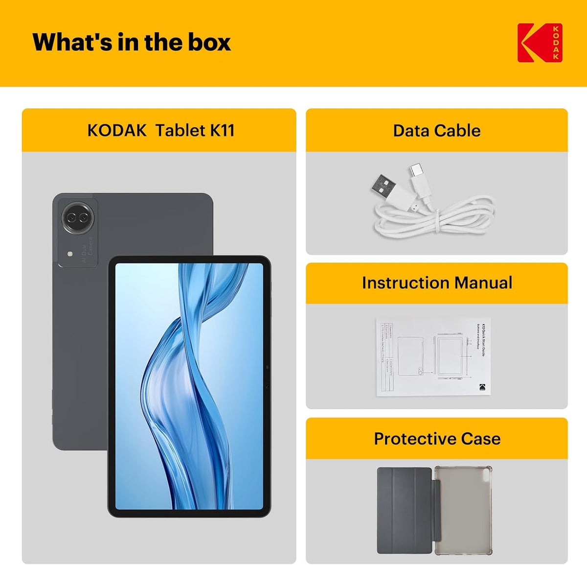 KODAK K12 12 Inch Android 15 Tablet, 18GB RAM 128GB ROM(1TB Expandable), 2000x1200 Incell Display, Octa-Core Processor, 8000mAh Battery, Dual WiFi, Bluetooth