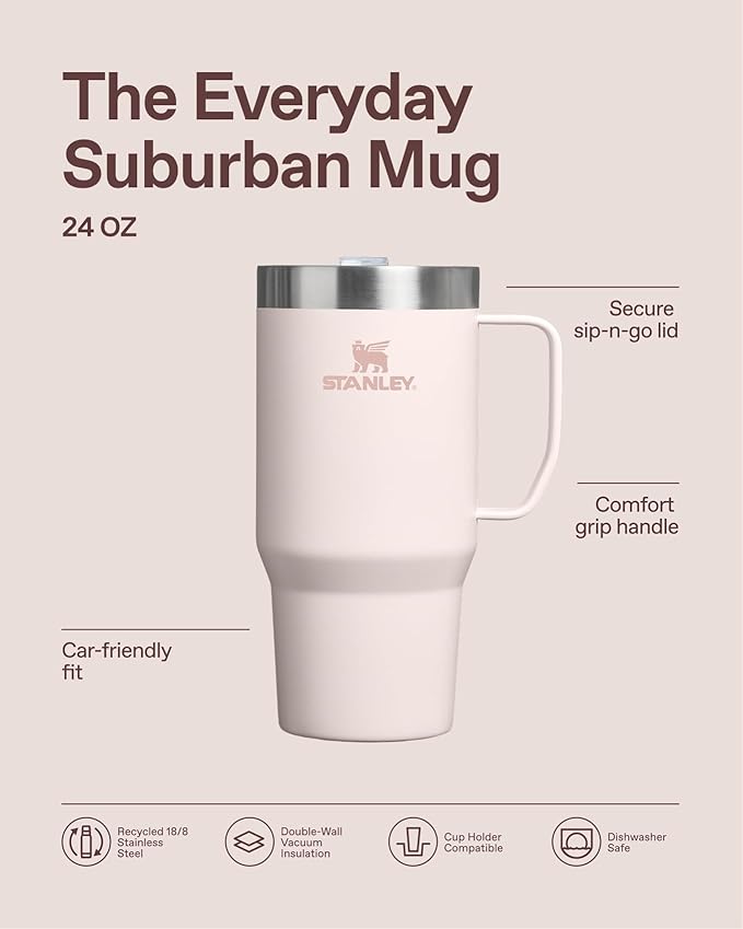 STANLEY The Everyday Suburban Mug | 24 oz | Drink Through Lid | Cup for Coffee, Tea and Drinks | Insulated Stainless Steel Coffee Mug | BPA-Free | Rose Quartz